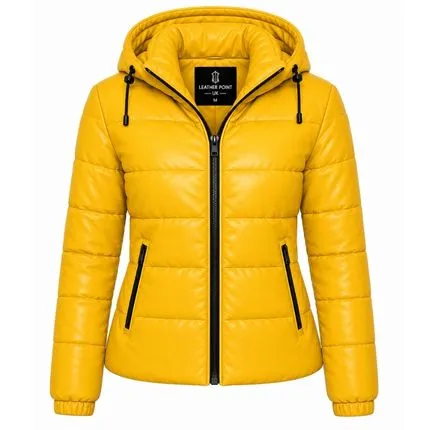 Golden Apex women’s yellow hooded puffer jacket with quilted design, front zipper, and stylish winter outerwear.