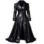 Handmade black sheepskin leather trench coat with long design and elegant waist belt for women and men.