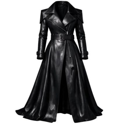 Handmade black sheepskin leather trench coat with long design and elegant waist belt for women and men.