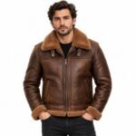 Men's brown leather bomber jacket with fur collar and front zipper