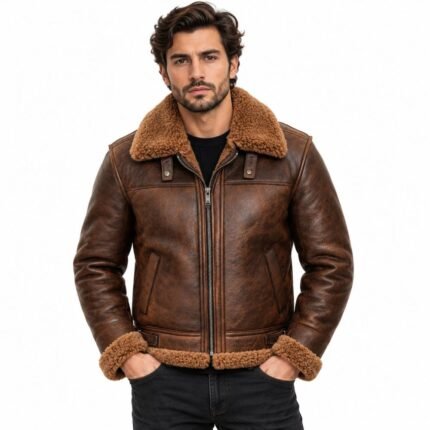 Men's brown leather bomber jacket with fur collar and front zipper