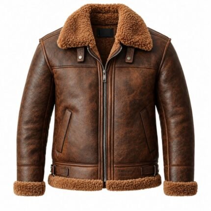 Brown leather bomber jacket with fur-trimmed collar and structured back