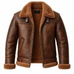 Brown leather bomber jacket showing soft fur lining and interior construction