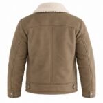HAVOC brown leather shearling jacket displaying a structured back, central seam, detailed shoulder panels, adjustable hem tabs, and cream shearling collar.