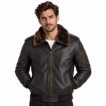 Men's black leather bomber jacket with brown fur collar and full front zipper