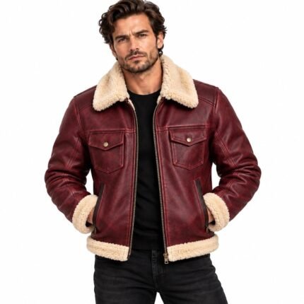 Merlot burgundy leather bomber jacket with cream collar and zip closure