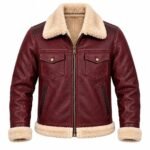 Merlot burgundy leather bomber jacket showing structured back and cream trim