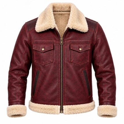 Merlot burgundy leather bomber jacket showing structured back and cream trim