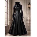 Women’s black leather gothic maxi coat with elegant full-length design and sophisticated statement silhouette.