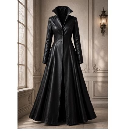 Women’s black leather gothic maxi coat with elegant full-length design and sophisticated statement silhouette.