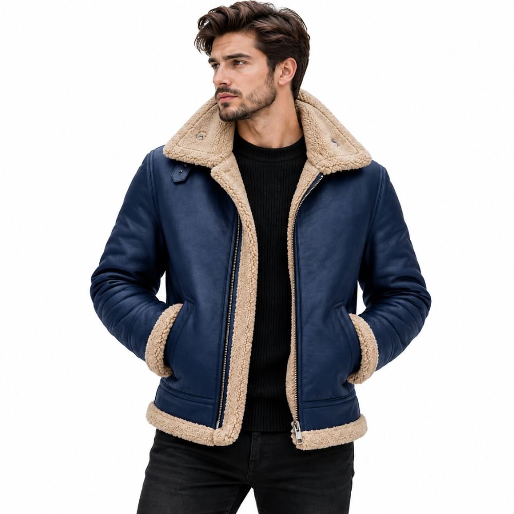 navy-blue-shearling-leather-jacket-model.jpg Man wearing a navy blue shearling leather jacket with a cream shearling collar, cuffs, hem, front zipper, and black knit sweater against a white background.
