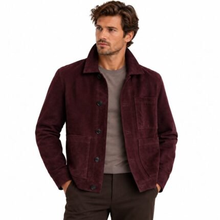 Noir burgundy suede jacket with structured back and detailed stitching