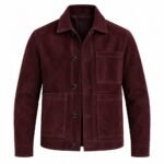 Noir burgundy suede jacket with chest pockets, dark buttons, and textured finish