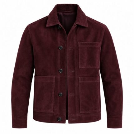 Noir burgundy suede jacket with chest pockets, dark buttons, and textured finish
