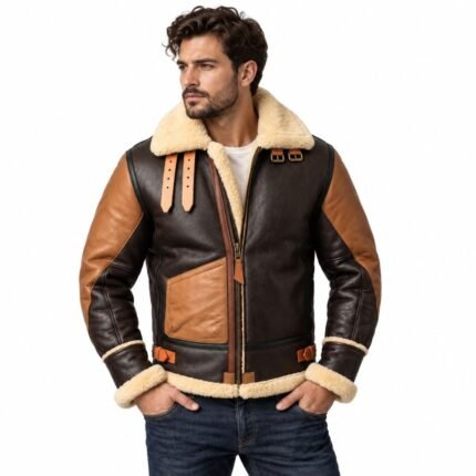 Men's brown leather bomber jacket with cream fur collar and front zipper