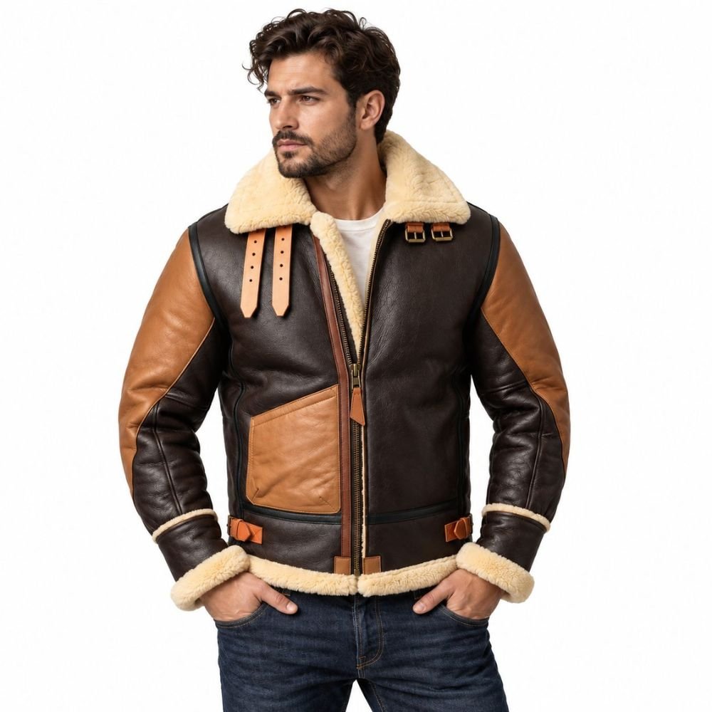 outland-brown-leather-bomber-jacket Men's brown leather bomber jacket with cream fur collar and front zipper