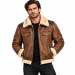 Men's brown distressed leather bomber jacket with cream fur collar, cuffs, hem, and zip closure.