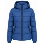 Royal Luxe Women’s Blue Hooded Puffer Jacket with premium quilted design, padded hood, front zipper, and stylish winter outerwear finish.