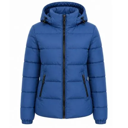 Royal Luxe Women’s Blue Hooded Puffer Jacket with premium quilted design, padded hood, front zipper, and stylish winter outerwear finish.