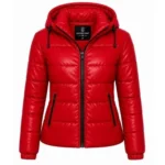 Scarlet red women’s hooded quilted puffer jacket with zip pockets and padded winter design