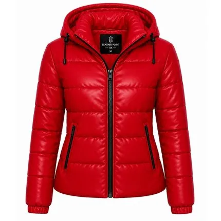 Scarlet red women’s hooded quilted puffer jacket with zip pockets and padded winter design