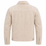 Light beige suede jacket showing structured back panel, horizontal yoke, center seam, and adjustable hem tabs