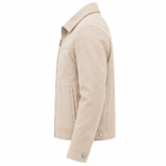 Light beige suede jacket showing side profile, pointed collar, sleeve stitching, welt pocket, and snap cuff