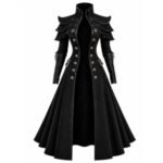 Women’s black gothic Victorian long coat with flared silhouette, high collar, ruched sleeves, and elegant decorative detailing.