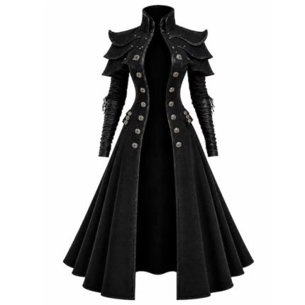 Women’s black gothic Victorian long coat with flared silhouette, high collar, ruched sleeves, and elegant decorative detailing.