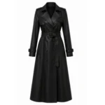 Women’s black leather gothic trench coat with Victorian-inspired design, belted waist, double-breasted front, and long dramatic silhouette.