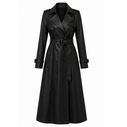 Women’s black leather gothic trench coat with Victorian-inspired design, belted waist, double-breasted front, and long dramatic silhouette.
