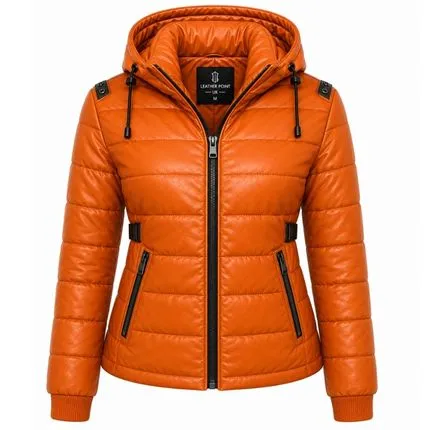 Women’s burnt orange hooded quilted puffer jacket with padded design and zip pockets