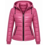 Women’s dark pink quilted hooded puffer jacket with zip pockets and stylish fitted winter design