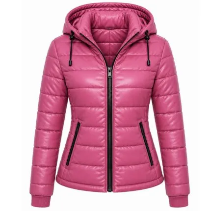 Women’s dark pink quilted hooded puffer jacket with zip pockets and stylish fitted winter design