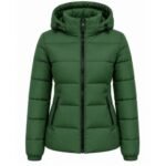 Women’s forest green hooded quilted puffer jacket with zippered pockets and a flattering winter fit