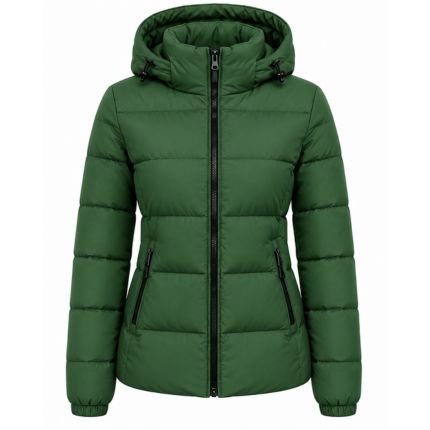 Women’s forest green hooded quilted puffer jacket with zippered pockets and a flattering winter fit