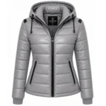 Women’s Luxe Grey Hooded Puffer Jacket with premium quilted design, cozy winter padding, and stylish modern outerwear finish.