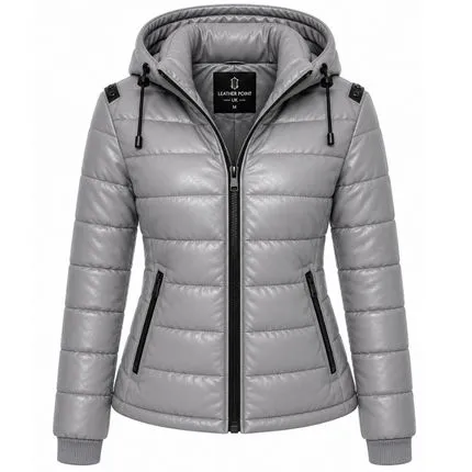 Women’s Luxe Grey Hooded Puffer Jacket with premium quilted design, cozy winter padding, and stylish modern outerwear finish.