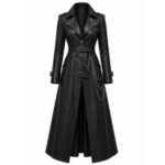 Women’s black leather gothic trench coat with belted longline design and stylish military-inspired details.