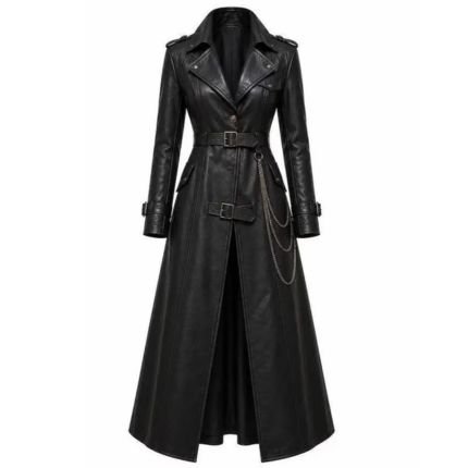 Women’s black leather gothic trench coat with belted longline design and stylish military-inspired details.